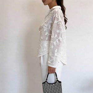 Custom <strong>White</strong> Embroidered <strong>Sheer</strong> Blouse Floral Pattern V Neck Long Sleeve Button Down Shirt Women's Fashion <strong>Top</strong> for Women - Product Image 2