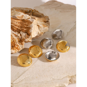 <b>Stud</b> <b>Earrings</b> 18k Gold Stainless Steel Retro Ribbed Geometric Design Fashion Jewelry - Product Image 4