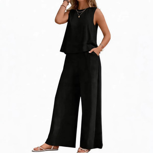 Women's <b>2</b> <b>Piece</b> <b>Set</b> Sleeveless O-Neck Top With Wide Leg Pants Solid <b>White</b> Casual Spring Summer Loose Fit Crepe Fabric - Product Image 2