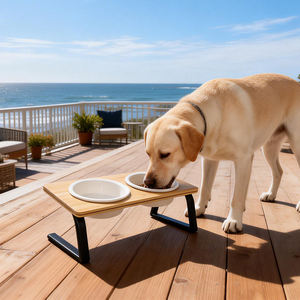 Comedero para mascotas de bambú con dos tazones de melamina y diseño de patas altas para gatos y perros - Product Image 2