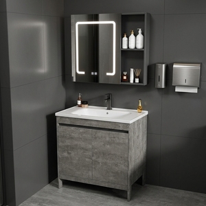Meuble-lavabo <span class=keywords><strong>de</strong></span> salle <span class=keywords><strong>de</strong></span> bain <span class=keywords><strong>de</strong></span> luxe gris en aluminium, à poser au sol, avec vasque en céramique, double porte sans poignée, miroir intelligent LED anti-buée, pour <span class=keywords><strong>la</strong></span> maison - Product Image 1