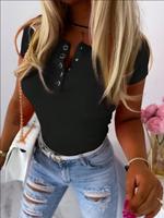 T-shirt côtelé pour femme, coupe ajustée, manches courtes, col rond, décontracté, été