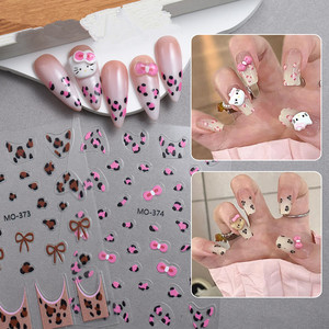 Autocollants pour ongles en relief 2D Sweet Kitty Cat Bow, motif imprimé léopard, 3 couleurs, autocollants pour ongles en plastique sans danger pour les enfants, pour la manucure DIY - Product Image 2
