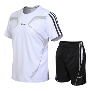 Ensemble de sport d'été pour homme, manches courtes, séchage rapide, polyester/coton, col en V, tenue de course et de fitness, noir avec accents verts - Product Image 4