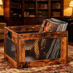 <span class=keywords><strong>Caisse</strong></span> à disques vinyles en bois style ferme avec côtés en maille pour collections de LP - Product Image 6