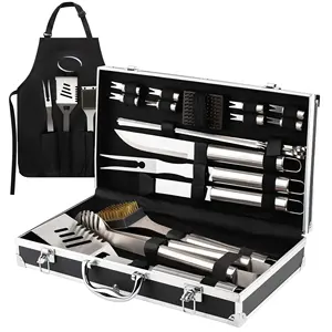 Newest Design 20 Pieces Premium Stainless Steel Grill Set Heavy Duty BBQ Tool Set With Aluminum Box And Apron