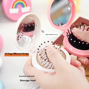 Mignon petit pour fée pliant pour Airbag peigne ensemble Portable en plastique coussin tête Massage peigne maquillage miroir dessin animé emballage - Product Image 4