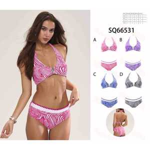 Costume da bagno bikini a triangolo da donna 2 pezzi, top con allacciatura al collo e slip a vita alta con laccetti laterali, nuovo all'ingrosso SQ66531 - Product Image 1