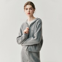 Ensemble en cachemire pour femmes, cardigan à capuche en tricot à double fermeture éclair personnalisé et pantalon large épaissi, ensemble en cachemire mélangé pour l'hiver