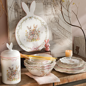 Ensemble de vaisselle décorative <span class=keywords><strong>lapin</strong></span> de Pâques <span class=keywords><strong>Lapin</strong></span> exquis ensembles d'assiettes en porcelaine à bord doré de luxe ensemble de dîner en céramique pour cadeau - Product Image 1