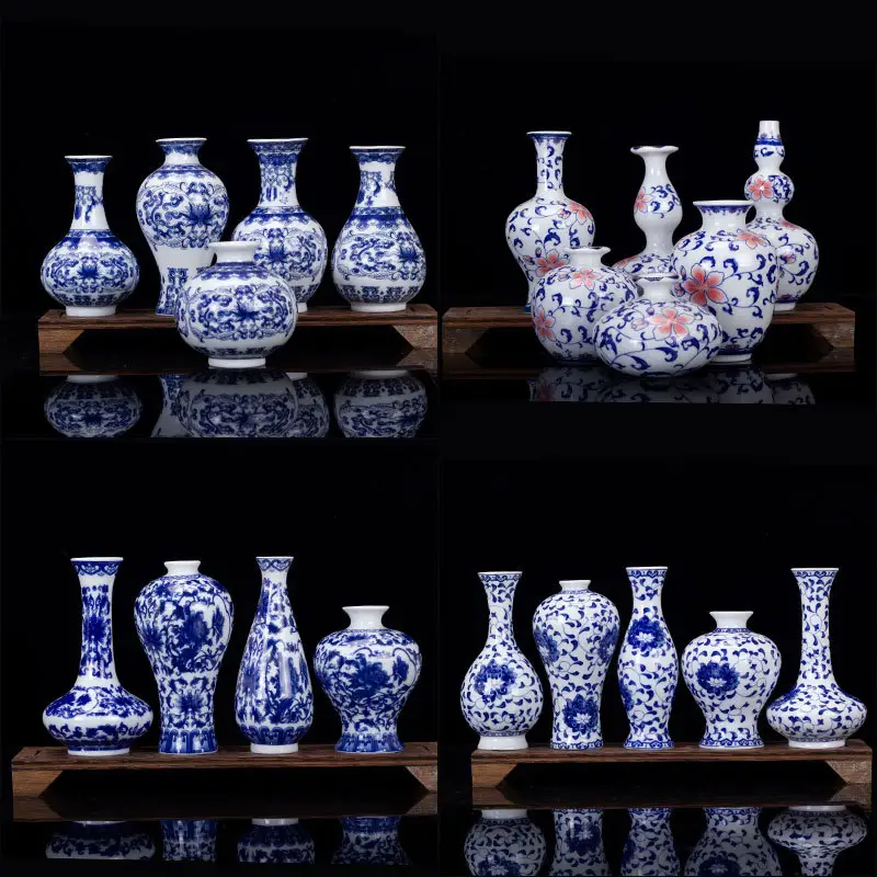 antique blue and white small traditional chinese style porcelain ceramic vases set for home decor