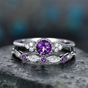Hot Sale Wish Amethyst Diamond Wedding Ring Two Pieces Zircon Rings Jewelry Women
