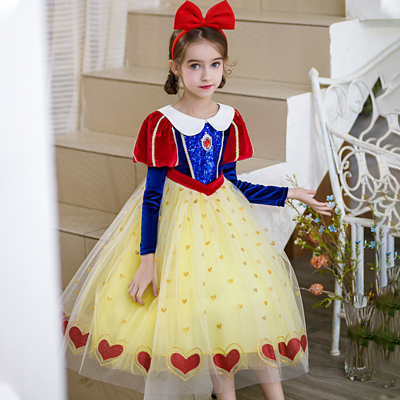 Wholesale Girl Fancy Dress Costume For Kids Blue Yellow Puff Sleeves Princess Snow White Cos Dress