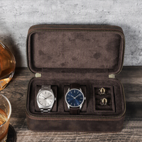 Étui de voyage pour montres en cuir Crazy Horse à 3 emplacements, boîte de rangement portable à fermeture éclair avec compartiment à bijoux pour montres-bracelets pour hommes