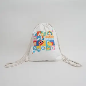 Recyclable White Calico Canvas Cotton Drawstring Backpacks With Logo For Wholesale Soft Material Drawstring School Bags For Kids