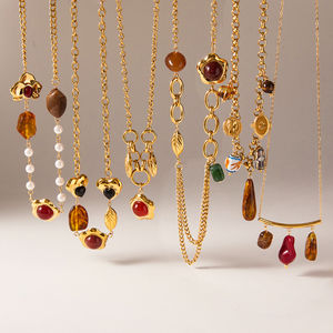 สร้อยคอวินเทจ 18K ทองสแตนเลส ประดับด้วยอาเกต รูปใบไม้ ดอกไม้ หัวใจทรงไม่สมมาตร สร้อยยาว เครื่องประดับฤดูหนาว - Product Image 1