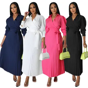 Fall New Temperament Style Elegant Maxi Dresses Deep V Long Sleeve Polo Neck High Waist Casual Pleated Women's Dress