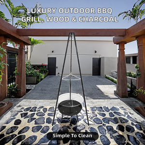 Équipement de <span class=keywords><strong>barbecue</strong></span> extérieur luxueux, foyer en fer, grilles à bois, <span class=keywords><strong>barbecue</strong></span> au charbon de bois, trépied noir, 3-5 personnes, montage facile - Product Image 2
