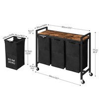 Panier à linge à 3 sections, compatible dropshipping et vente en gros, panier de tri des vêtements sales à 3 compartiments, chariot à linge à 3 bacs