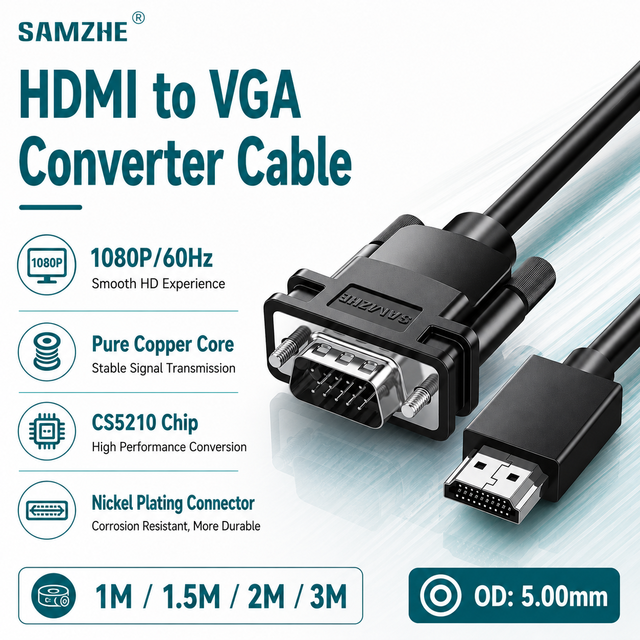 SAMZHE HDMI to VGA Cable 1080P Video Converter Screen Casting Adapter Laptop HDMI Connector Video Cable for Projector TV Monitor