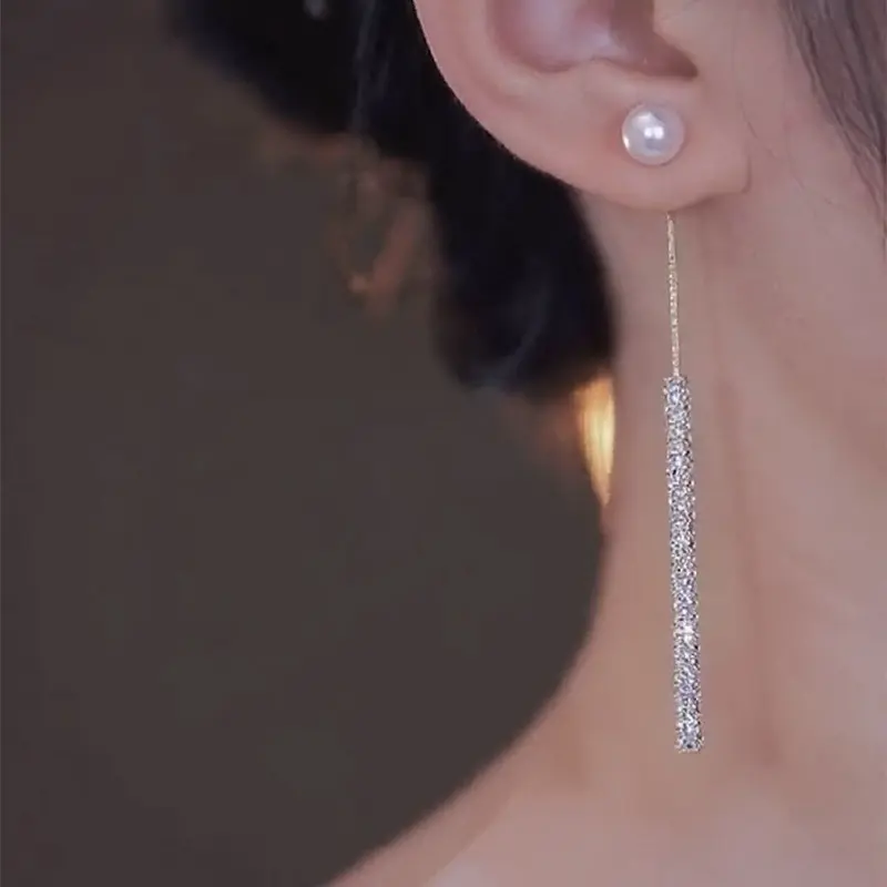 Elegant Long Wire Tassel Thread Chain Pearl Zircon Drop Pendants Crystal Dangle Earrings Women Straight Hanging Earring Jewelry
