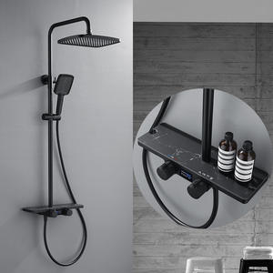 Ensemble de douche mural thermostatique moderne minimaliste tout en cuivre gris anthracite avec douchette de plafond et affichage numérique, avec étagère - Product Image 3