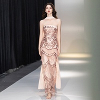 Robe de soirée sirène sur mesure en sequins or rose pêche, sans bretelles, à franges, longueur ras du sol, vente en gros