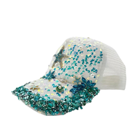 Casquettes de baseball blanches à sequins en gros, chapeaux de fête pour vacances à la plage avec étoiles de mer et coquillages