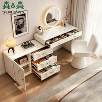 Coiffeuse avant-gardiste avec meuble de rangement sculptural et miroir LED, coiffeuse en L texture bois pour villa
