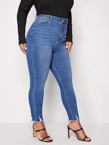 <span class=keywords><strong>Jeans</strong></span> attillati da donna taglie forti blu elasticizzati a vita alta con leggings a forma di mamma in Denim <span class=keywords><strong>Slim</strong></span> Fit con orlo sfilacciato per l'inverno - Product Image 5