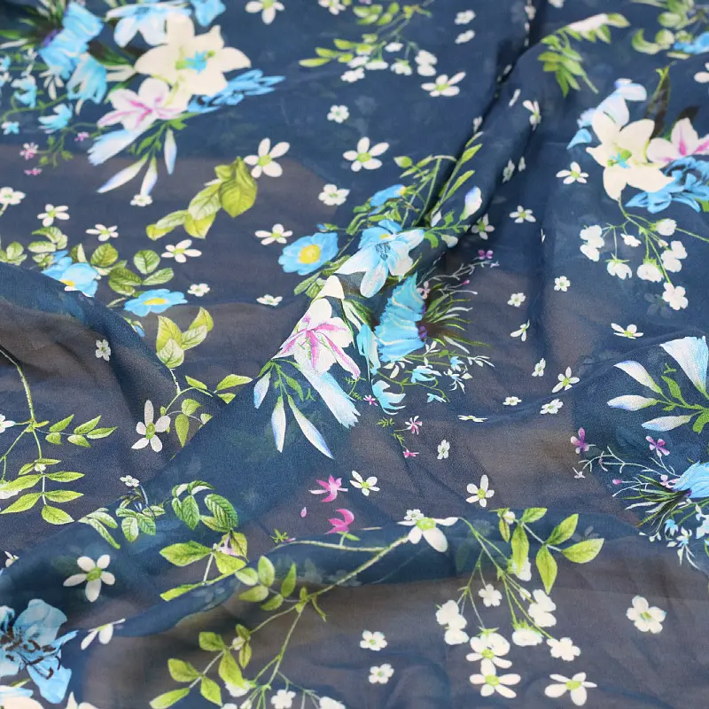 Manufacture OKEO-TEX 100 New, Floral Printed Mikado Silk Feeling Satin Chiffon Sheer Hijab Chiffon Organza Fabric for Dress/