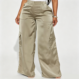 <strong>Plus</strong> <strong>Size</strong> Satin Cargo Wide Leg <strong>Pants</strong> Women High Waist Glossy <strong>Parachute</strong> Trousers Loose Casual Wholesale Custom Private Label - Product Image 2