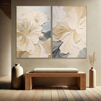 Diptyque botanique minimaliste moderne, peinture à l'huile faite à la main, texture épaisse, couteau à palette, art mural 3D sur toile pour salon