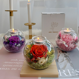 Juego de Portavelas con Cúpula de Cristal y Rosas Secas Preservadas Eternas - Decoración de Lujo para el Hogar, Regalos para Propuesta de Matrimonio y Compromiso - Product Image 1