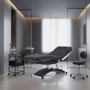 Moderna Camilla de Masaje Facial Multifuncional Negra para Salón de Belleza y Spa, con 3 Motores Eléctricos, Ancha, para Tratamientos de Belleza y Pestañas - Product Image 1