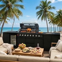 Îlot de cuisine BBQ extérieur tout-en-un en acier inoxydable 304 avec évier et réfrigérateur, en verre trempé, personnalisable