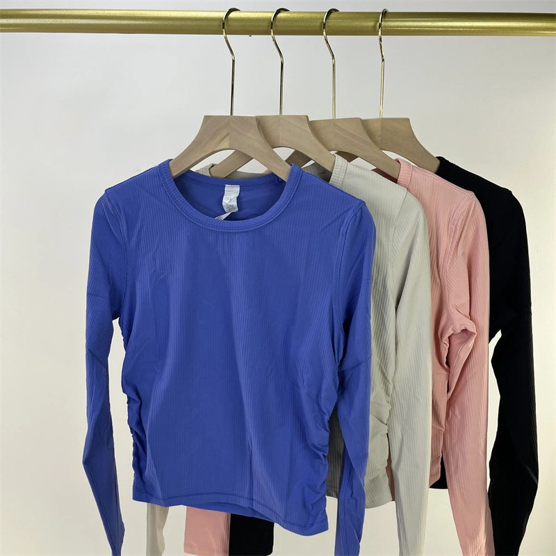 Autumn Winter Women's Long-Sleeved Yoga Sports Tracksuit Classic Round Neck Slim Stretch Wear Vertical Strip 2.0 Thread