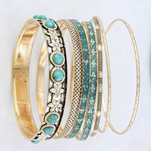 Ensemble de bracelets vintage en cuivre plaqué or 14 carats avec 7 boules turquoise, modèle Tiyo ABB085, pour femme, usage quotidien, origine Zhejiang, collection Printemps 2025 - Product Image 3