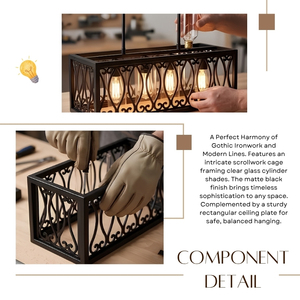 Lámpara colgante rectangular de hierro con diseño Verona Scrollwork de 4 luces, lámpara colgante de metal negro y vidrio - Product Image 4