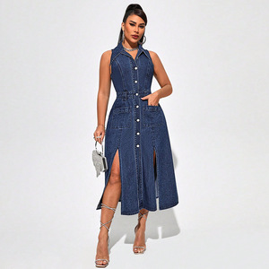 218777 #   <span class=keywords><strong>Site</strong></span> web indépendant <span class=keywords><strong>de</strong></span> vêtements pour femmes : Nouvelle robe en jean sans manches, fendue, cintrée à la taille, vente directe - Product Image 2