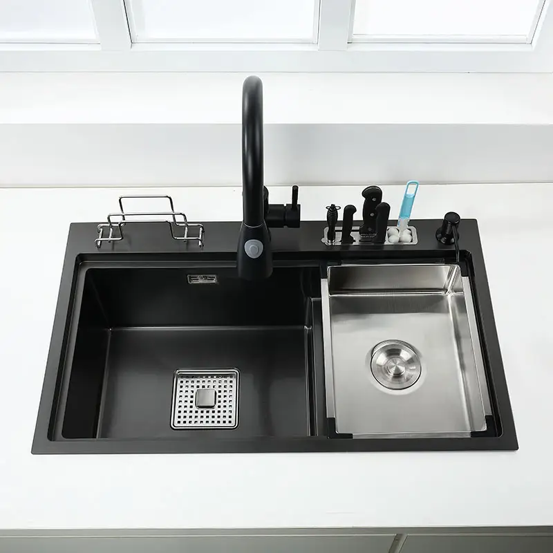 Holmine Black High und Low Sink Küchen spüle mit Messer halter Schneide brett Waschbecken Hand gefertigte Spüle Edelstahl Modern