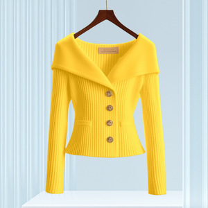 Suéter de punto de manga larga para mujer, de diseño avanzado, con solapa grande, de color liso, ajustado, de moda - Product Image 3