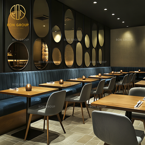 ชุดเฟอร์นิเจอร์ร้านอาหารเชิงพาณิชย์ของกลุ่มรอน โต๊ะไม้เนื้อแข็งทรงสี่เหลี่ยม เก้าอี้หุ้มเบาะกำมะหยี่แบบกำหนดเองได้ พนักพิงสูง - Product Image 5