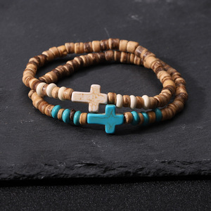 Men's Wooden <b>Bead</b> Turquoise Cross <b>Bracelet</b> Blue And White Geometric Design Gift Jewelry - Product Image 1