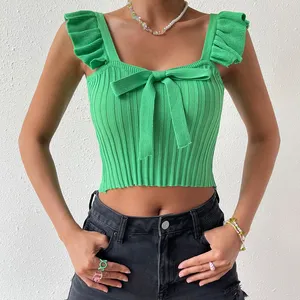 2023 Summer Knitted peplum small flying sleeve bow Crop T-shirt slim top custom usually wear in lwomen's fashion