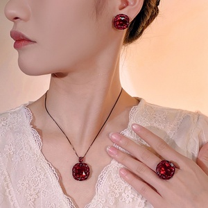 Vintage Eco-friendly Copper Jewellery <b>Set</b> for Women Jewelry 14*14-12*12mm Red Zircon Black Gold Square Necklace <b>Earring</b> Ring <b>Set</b> - Product Image 6