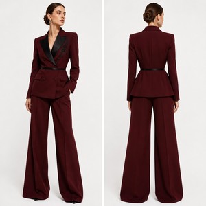 Ensemble <span class=keywords><strong>pantalon</strong></span> et blazer pour femme, coupe ajustée, broderie florale <span class=keywords><strong>bordeaux</strong></span>, blazer à double boutonnage en satin noir à revers, <span class=keywords><strong>pantalon</strong></span> large, personnalisable OEM/ODM - Product Image 5