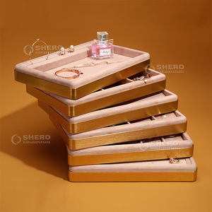 Plateau de présentation de bijoux de comptoir personnalisé plateau de bijoux en bois velours rose plateau de velours pour bijoux - Product Image 5