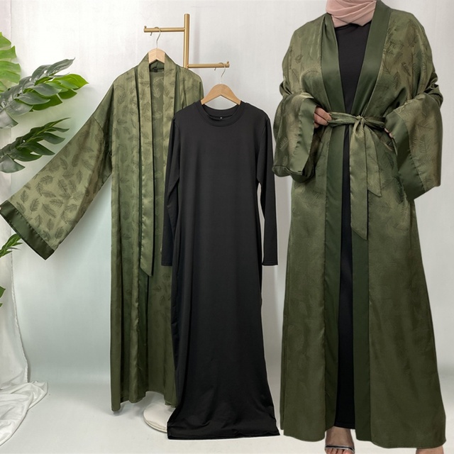 Fashion Printed Satin Abaya Set with Loose Sleeve- Elegant Open Abaya + Bodycon Inner Dress Set on Sale for Muslim Women (1948)