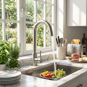 Modern Single Handle Kitchen Faucet Brushed Nickel Deck <b>Mounted</b> Pull Down <b>Spray</b> Contemporary Design - Product Image 1